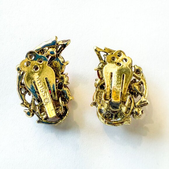 Weiss Butterfly Gold Tone Pink Rhinestones Red Cabochon Brooch & Clip-On Earring - Picture 5 of 8